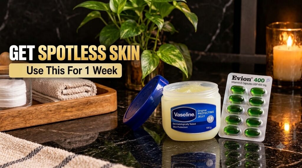 A flat lay showing a tub of Vaseline Original Protecting Jelly and a blister pack of Evion 400 Vitamin E capsules on a d