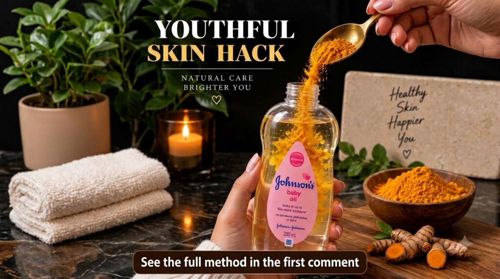 A hand pouring golden turmeric powder from a spoon into a bottle of Johnson s baby oil creating a cloud of particles In 