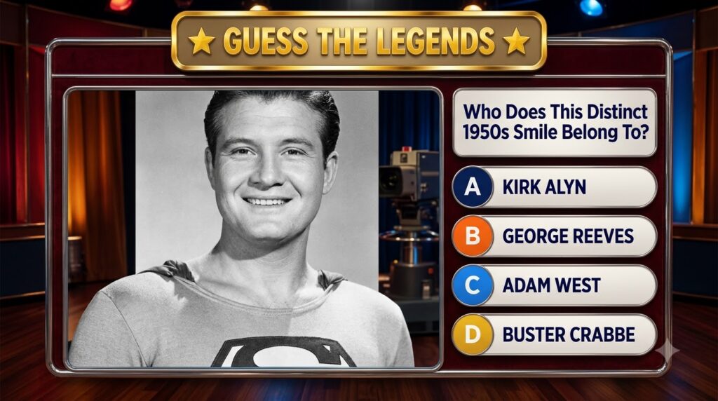Black and white close-up of Kirk Alyn s lower face featuring his distinct 1950s heroic smile as seen in a quiz interface