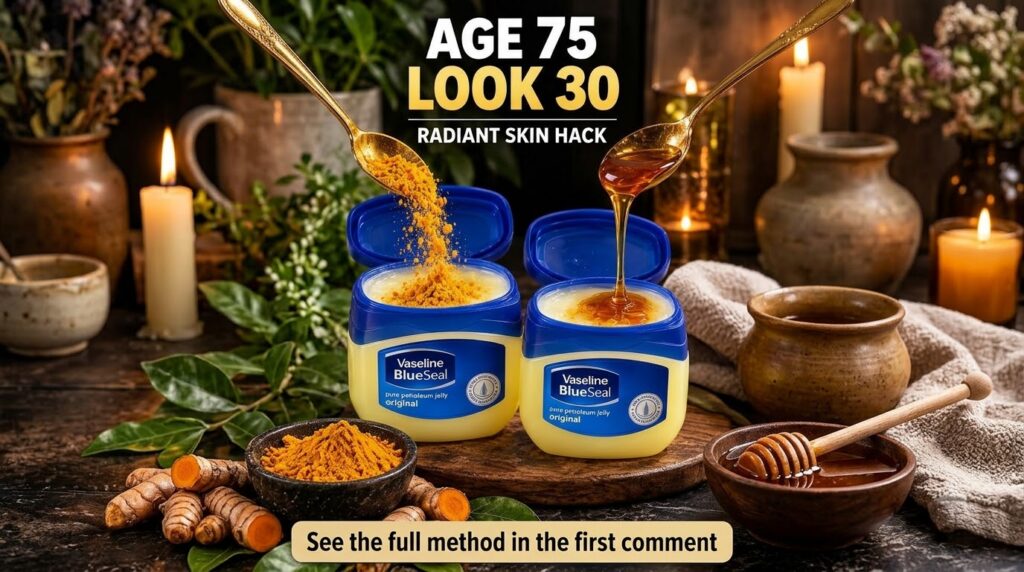 Flat lay showing Vaseline jars turmeric powder being poured into one and honey dripping into the other surrounded by raw