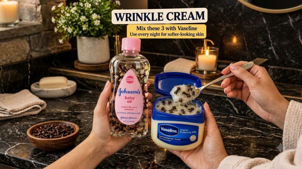 Hands holding a bottle of Johnson s baby oil and a tub of Vaseline Original Protecting Jelly both infused with whole clo