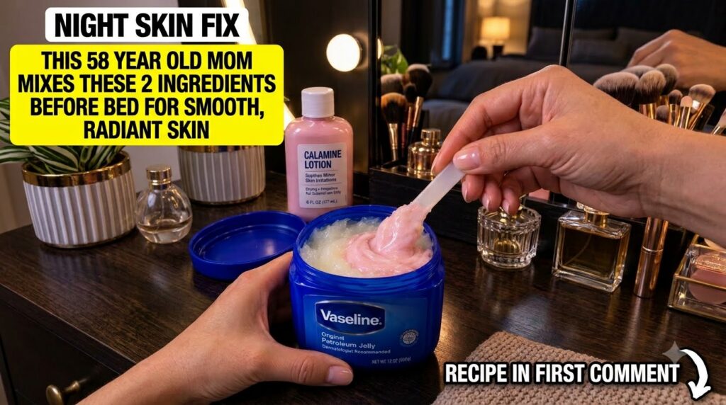 Hands mixing petroleum jelly and pink calamine lotion in a blue tub with a white spatula A calamine lotion bottle potted