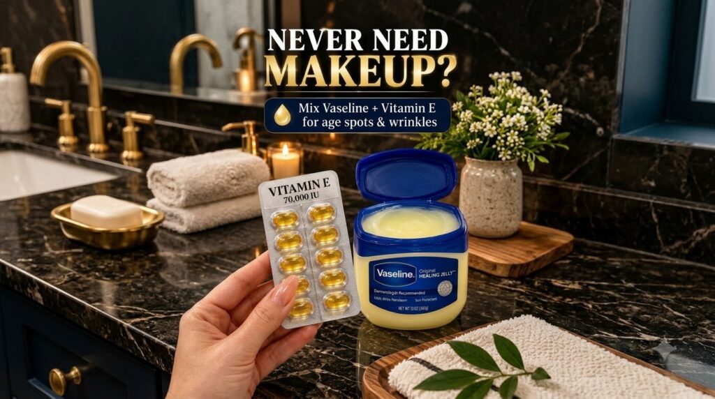 A hand holding a blister pack of Vitamin E capsules next to an open jar of Vaseline Original Healing Jelly on a dark mar
