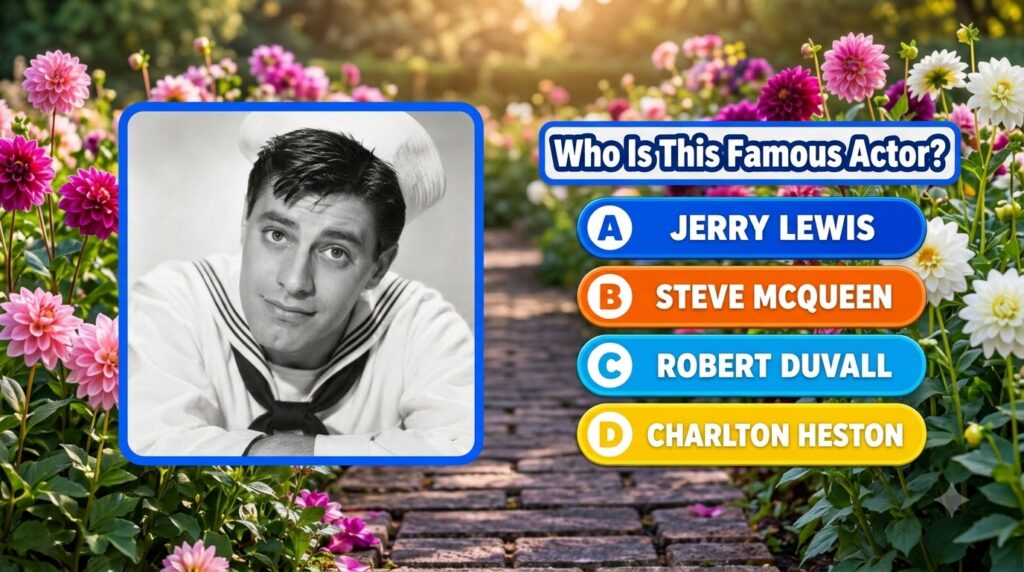 Quiz image showing a black and white photo of young Jerry Lewis in a sailor uniform with the question Who Is This Famous