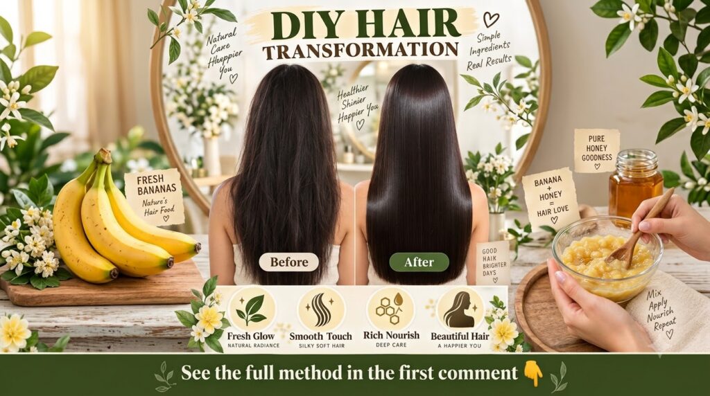 A split comparison image showing Before frizzy dark hair and After sleek shiny dark hair sections The right side feature