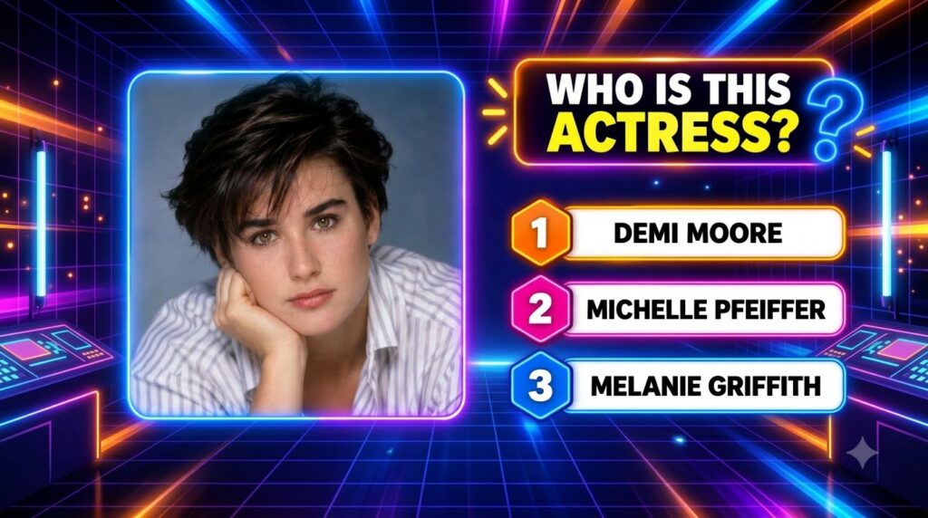 A multiple-choice quiz image asking WHO IS THIS ACTRESS with a headshot of a young Demi Moore featuring options for Demi