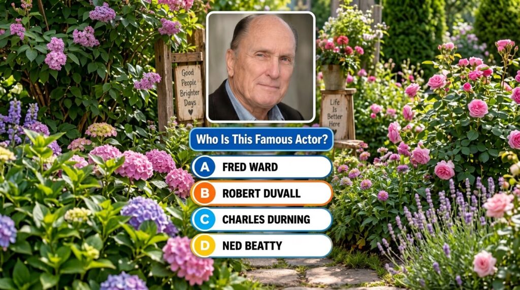 A multiple-choice quiz image featuring a headshot of actor Robert Duvall with the question Who Is This Famous Actor and 
