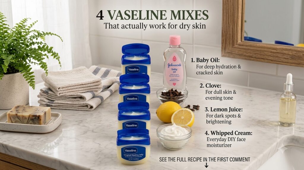 A flat lay of open Vaseline jars a bottle of baby oil cloves lemon and whipped cream on a light background highlighting 