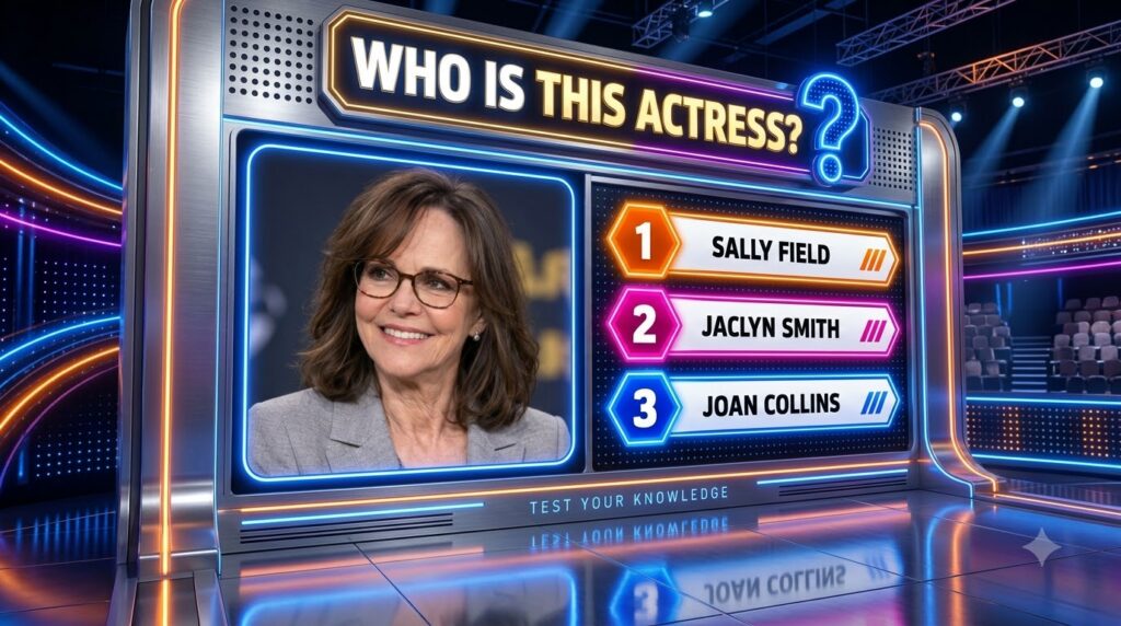 A smiling older woman with brown hair and glasses set against a dark futuristic quiz background with glowing blue purple