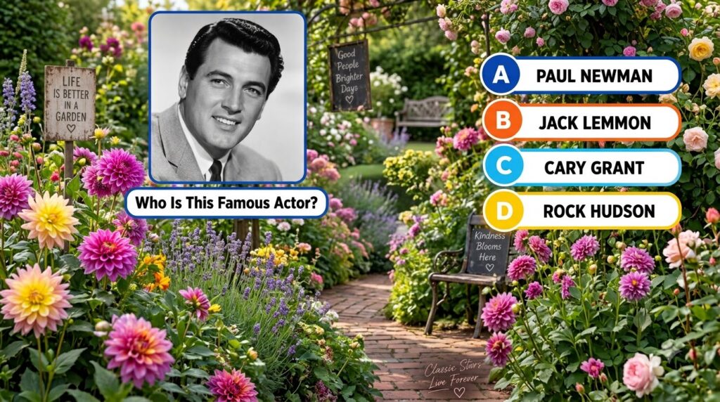 A black and white portrait of a smiling male actor with a quiz overlay asking Who Is This Famous Actor and four multiple