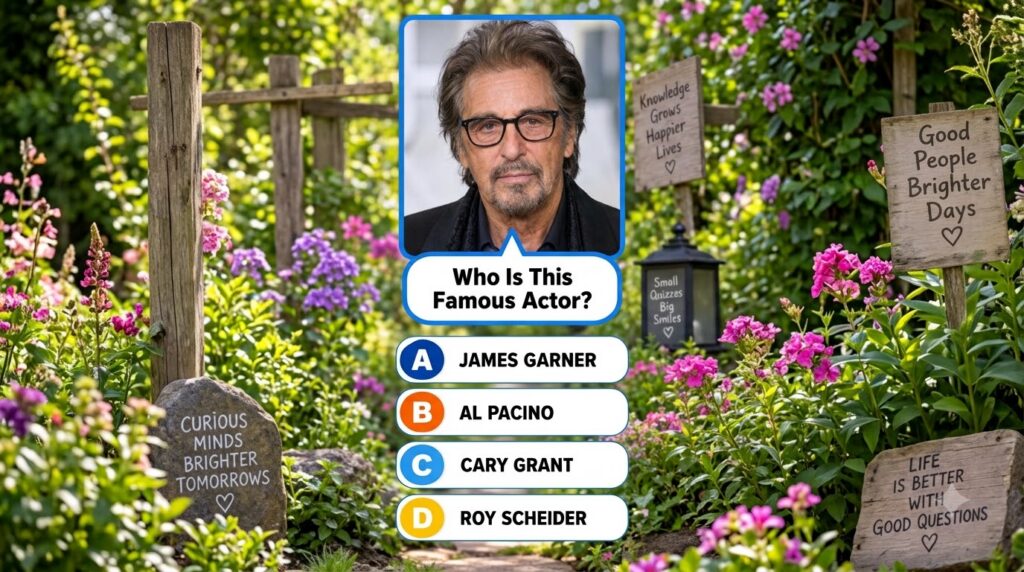 Quiz image showing an older male actor with dark-rimmed glasses with the question Who Is This Famous Actor and multiple-