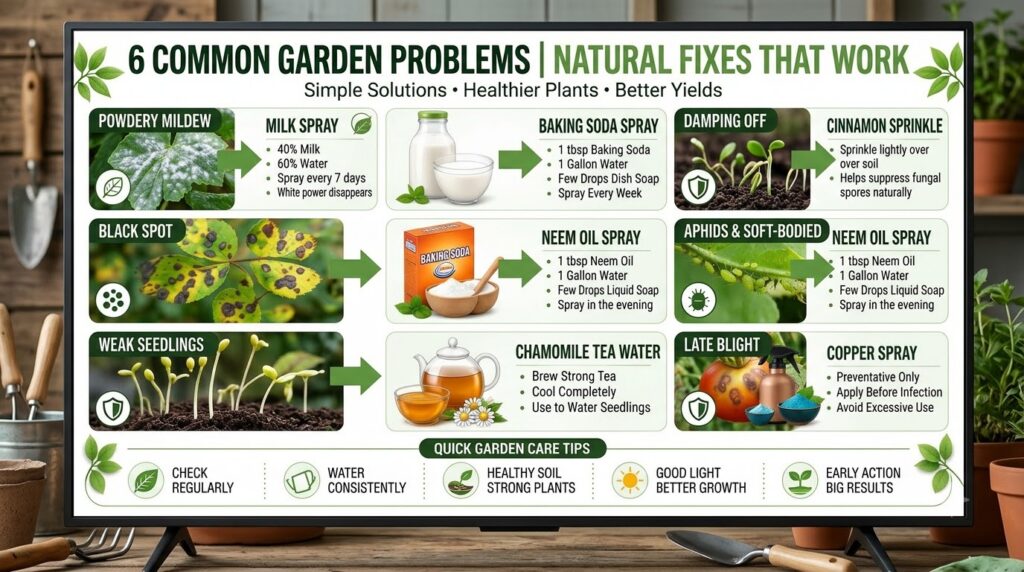 An infographic showing 6 common garden problems and their natural fixes Each problem like powdery mildew black spot aphi