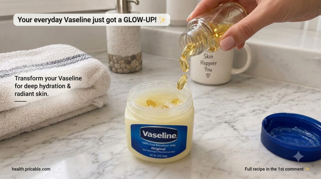 A hand pouring golden softgel capsules into a jar of Vaseline petroleum jelly on a marble countertop
