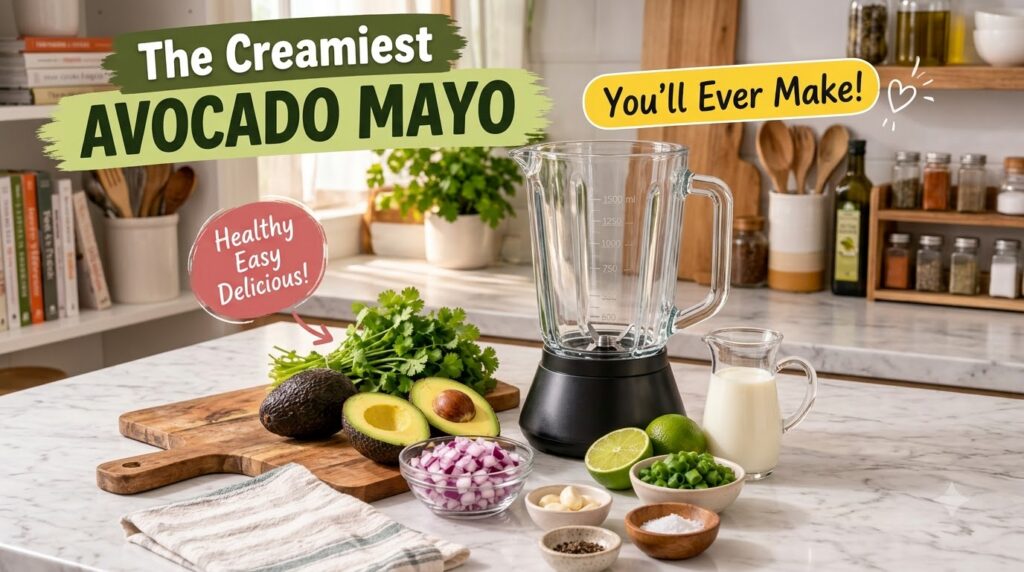 A clean kitchen counter featuring a blender surrounded by fresh ingredients for avocado mayo halved avocados cilantro di