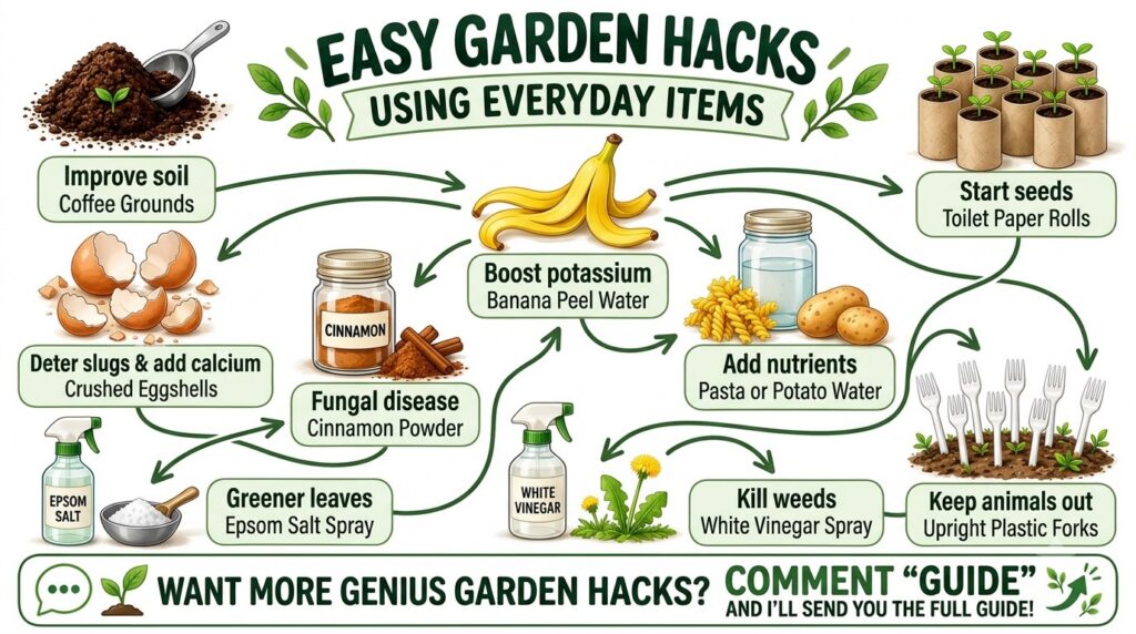 An infographic illustrating various easy garden hacks using everyday items like coffee grounds eggshells cinnamon banana