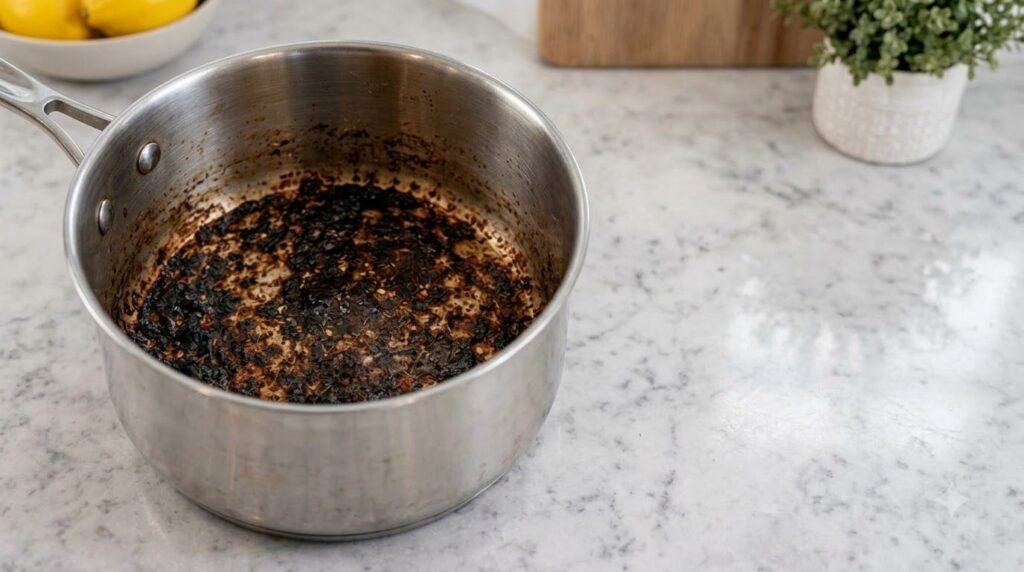 A before-and-after shot of a burnt pot One side shows a pot with stubborn burnt food stains and the other side shows the