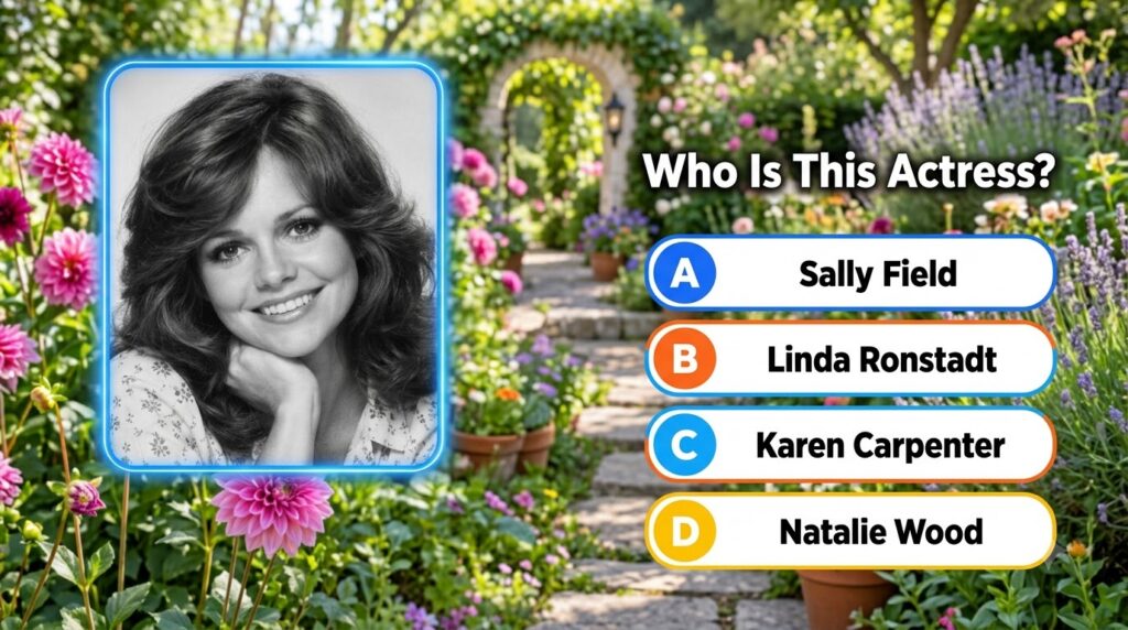 Black and white portrait of a smiling Sally Field in a quiz image with multiple-choice answers below it