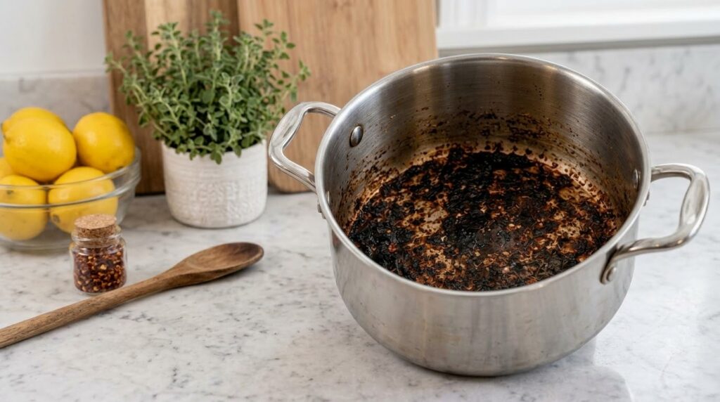 A sparkling clean silver pot with steam gently rising next to a bottle of white vinegar a box of baking soda and a dish 