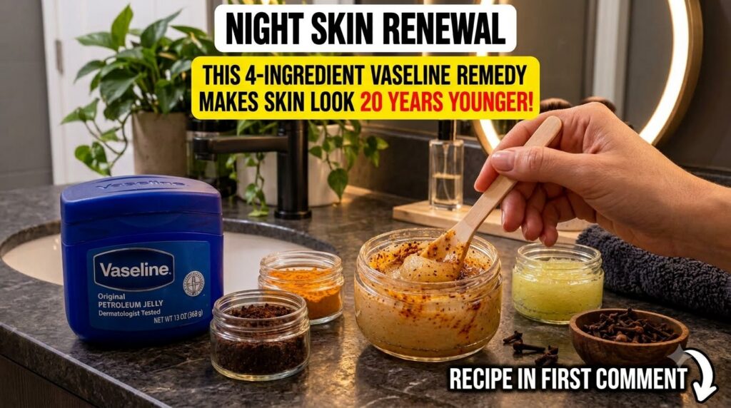 Hands mixing Vaseline and lemon juice in a small glass jar with a wooden spatula on a bathroom counter with a fresh lemo