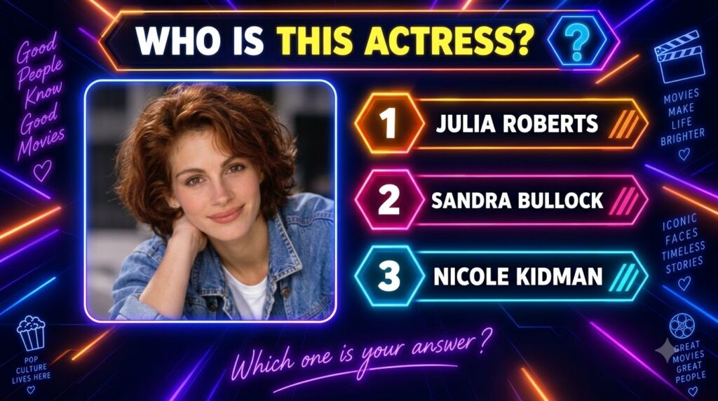 A multiple-choice quiz image featuring a young Julia Roberts with the question WHO IS THIS ACTRESS and three options Jul