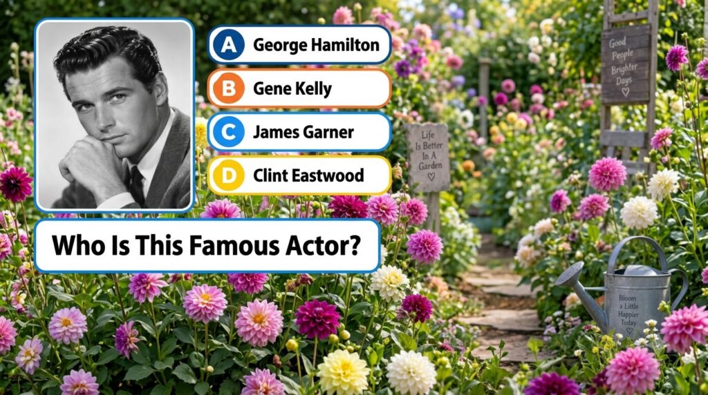 A black and white portrait of a young handsome George Hamilton as seen in a celebrity quiz image with quiz options below