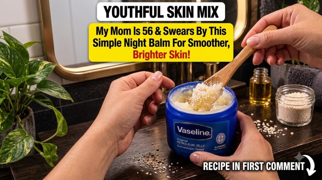 Hands mixing Vaseline baby oil and rice powder in a blue tub with a wooden spoon on a bathroom counter