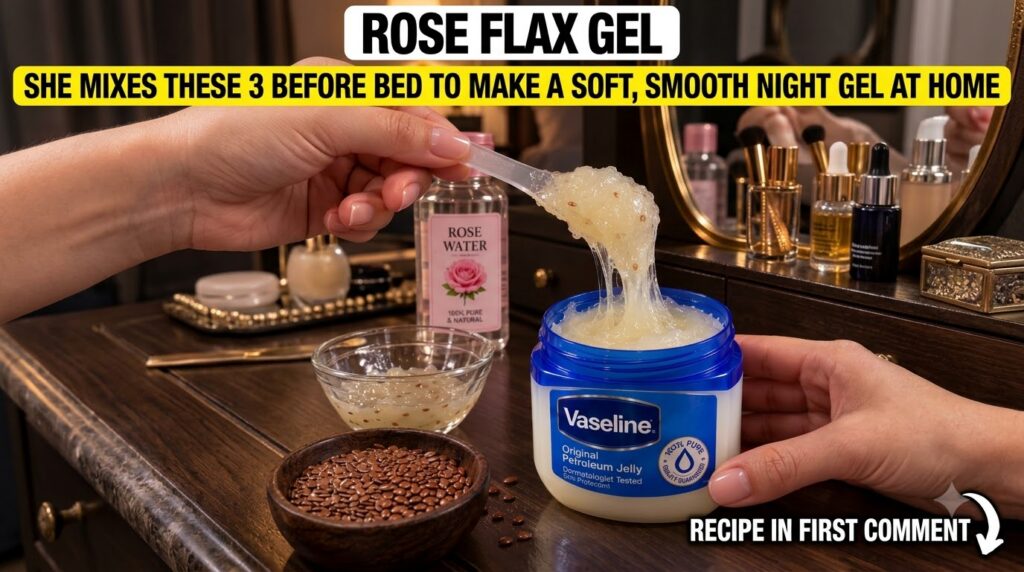 A hand holding a spoon with translucent flax gel dripping into a jar of Vaseline Rose water bottle and flax seeds in the