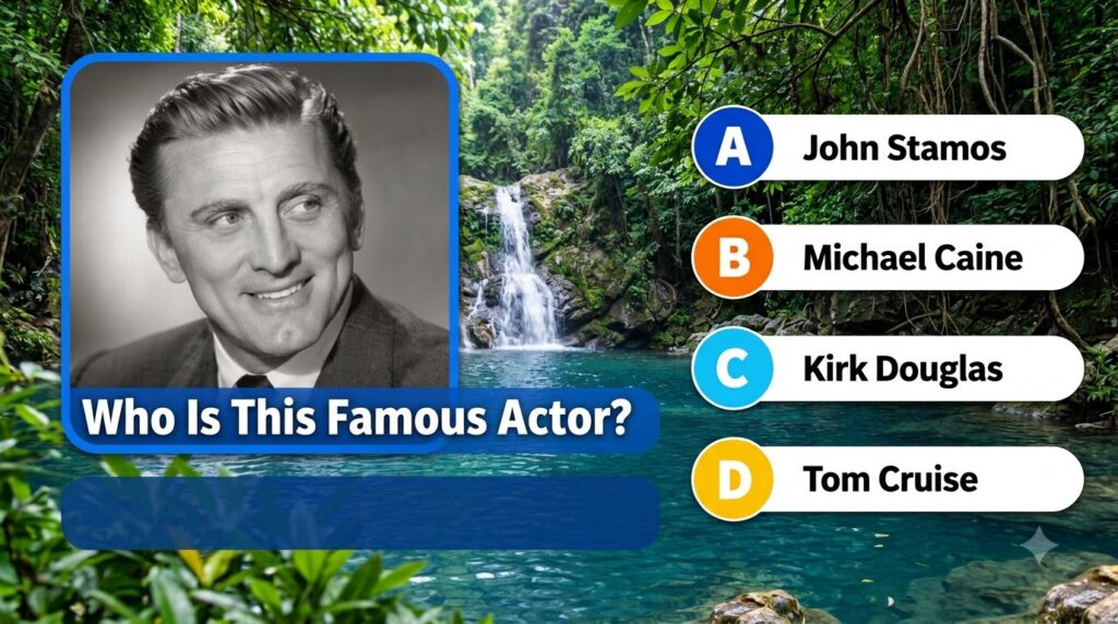 A black and white portrait of a smiling Kirk Douglas from a quiz image with four multiple-choice options below