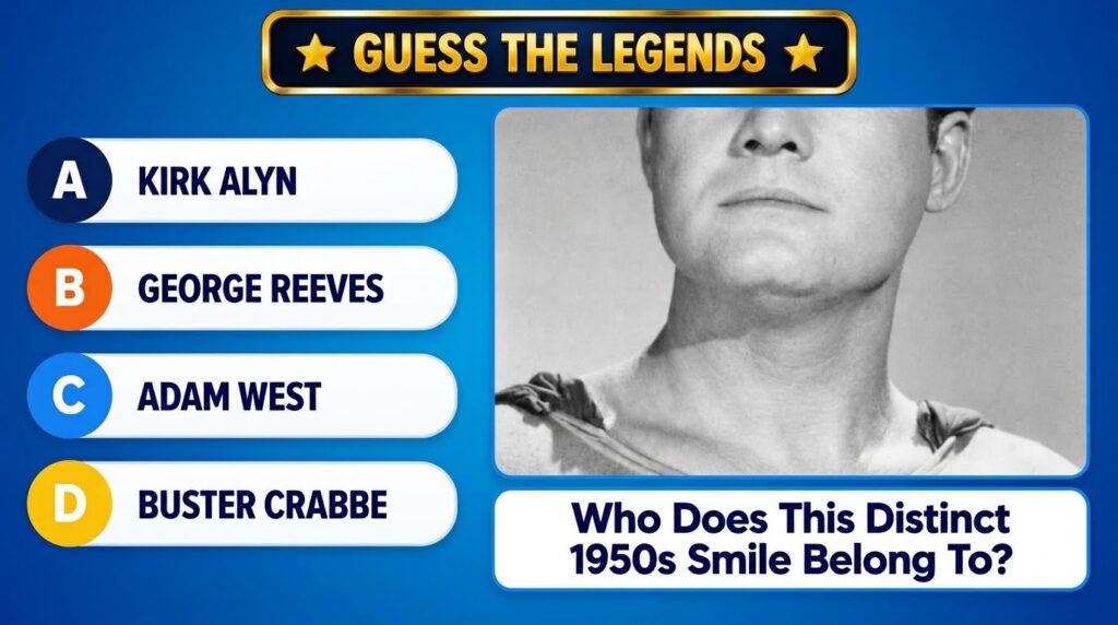 Black and white close-up of a man s lower face and shoulders featuring a distinctive 1950s smile as part of a Guess the 