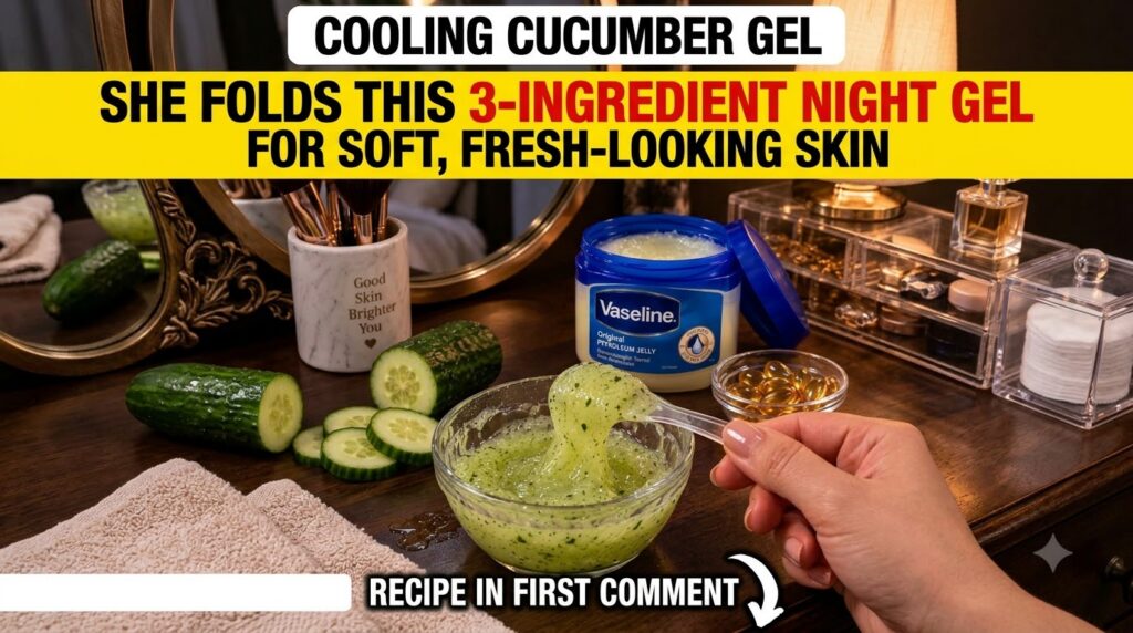 A hand scooping green cucumber gel from a glass bowl on a wooden surface surrounded by fresh cucumber slices a whole cuc