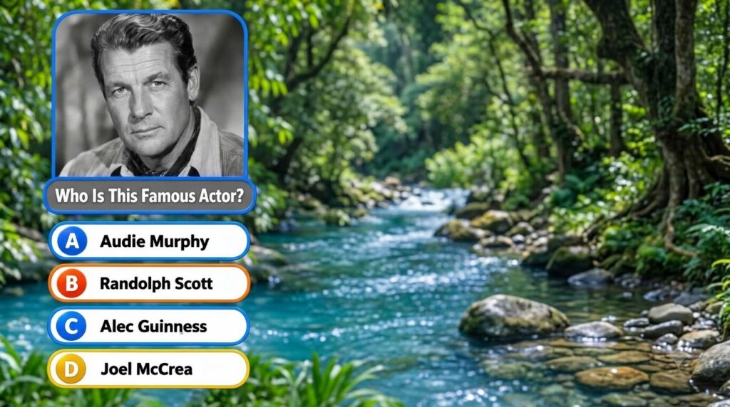 A multiple-choice quiz image asking Who Is This Famous Actor with a black and white portrait of Alec Guinness at the top