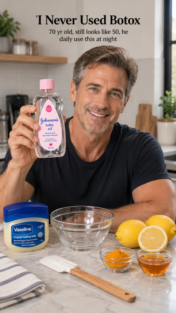 A smiling man in a kitchen setting holding up a bottle of Johnson s Baby Oil On the counter below him various ingredient