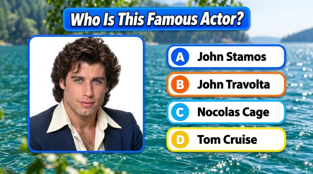 Quiz image showing a young John Travolta in a portrait with the question Who Is This Famous Actor and four multiple choi