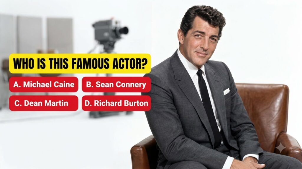 A quiz image showing a classic portrait of Dean Martin in a suit against a white background with a yellow banner WHO IS 
