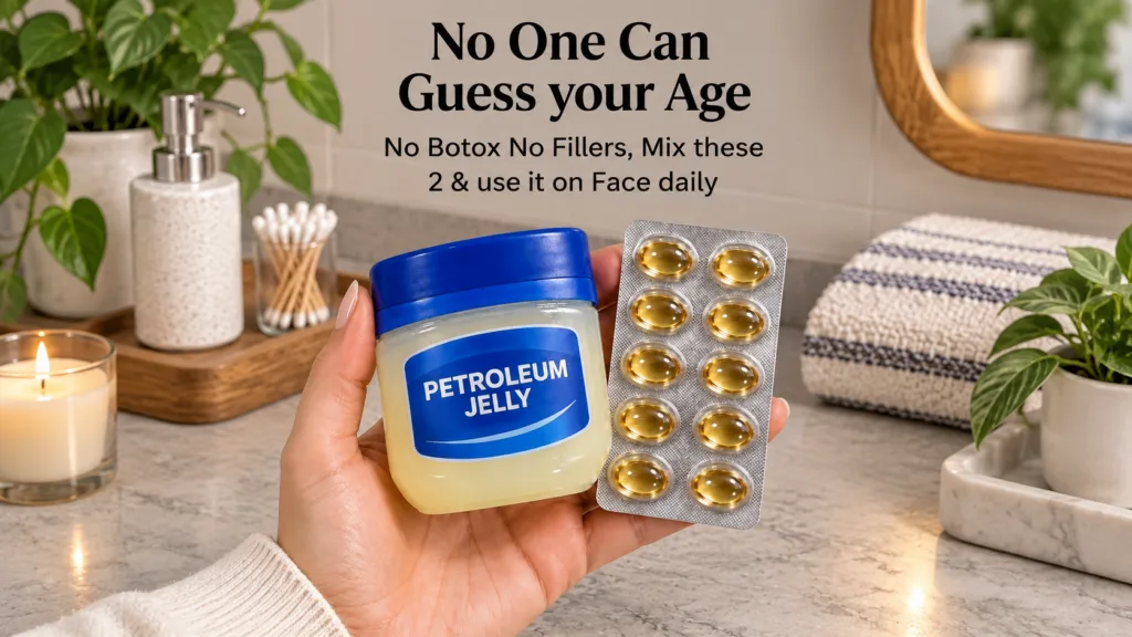 A person s hand holding a jar of petroleum jelly and a blister pack of golden Vitamin E softgel capsules in a bathroom s