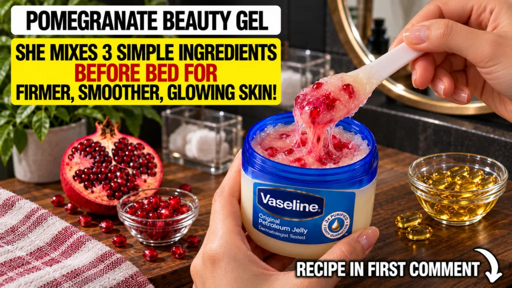 Hands mixing a homemade beauty gel made from Vaseline pomegranate seeds and vitamin E capsules in a glass jar with a spo