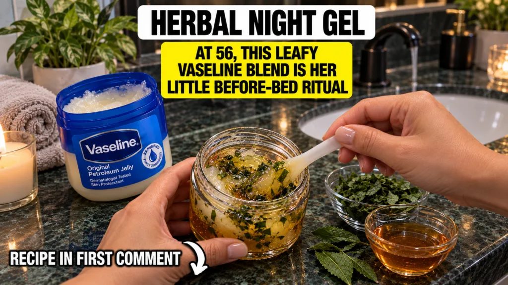 Hands stirring a homemade night gel made from Vaseline a golden liquid and finely chopped green tea in a clear glass jar