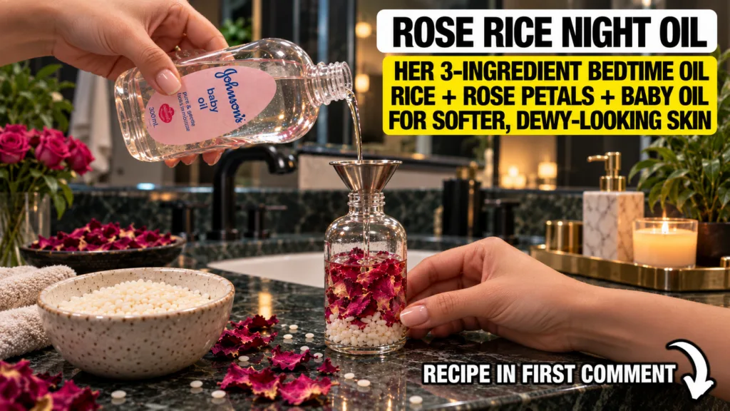 Hands pouring Johnson s baby oil through a funnel into a small glass bottle containing white rice grains and red rose pe