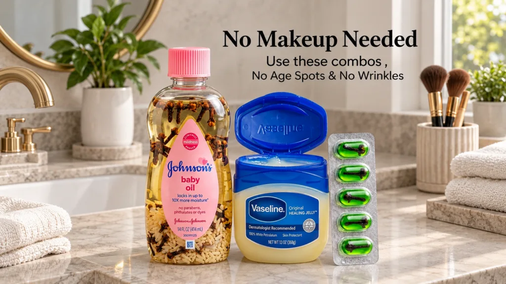 Three skincare products on a marbled countertop a customized bottle of Johnson s baby oil containing cloves and what app
