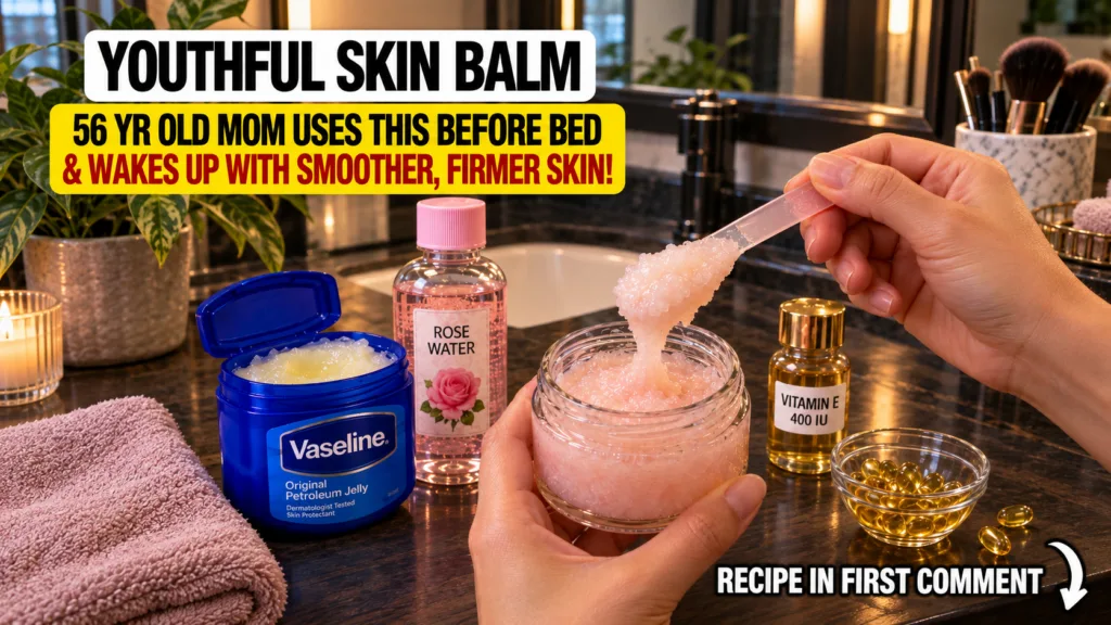 Close-up of hands holding a jar of homemade pink skin balm with ingredients like Vaseline rose water and Vitamin E capsu