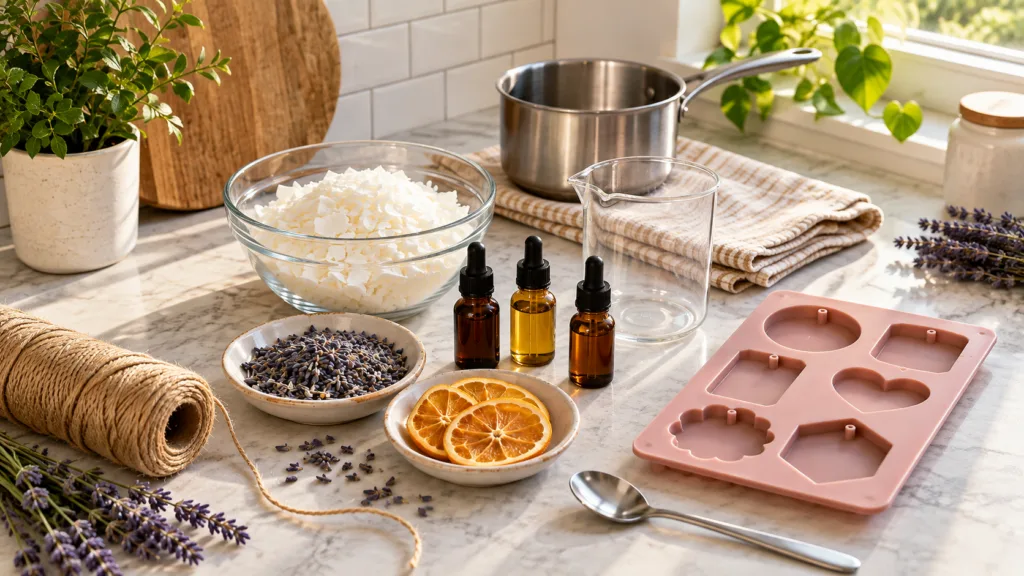 A collection of finished rectangular scented wax sachets adorned with dried flowers botanicals and citrus slices ready t