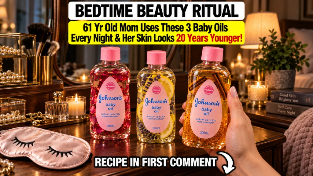 Three clear glass bottles of Johnson s baby oil each infused with natural elements rose petals lemon slices with lavende
