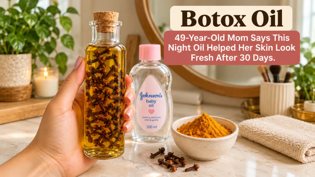 A hand holding a small glass bottle of yellow clove oil with whole cloves inside on a bathroom counter In the background