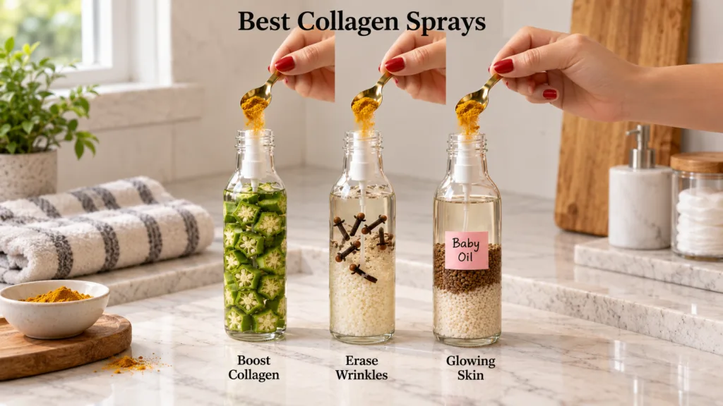 Three clear glass spray bottles with natural DIY beauty ingredients one with okra slices another with cloves and a hand 