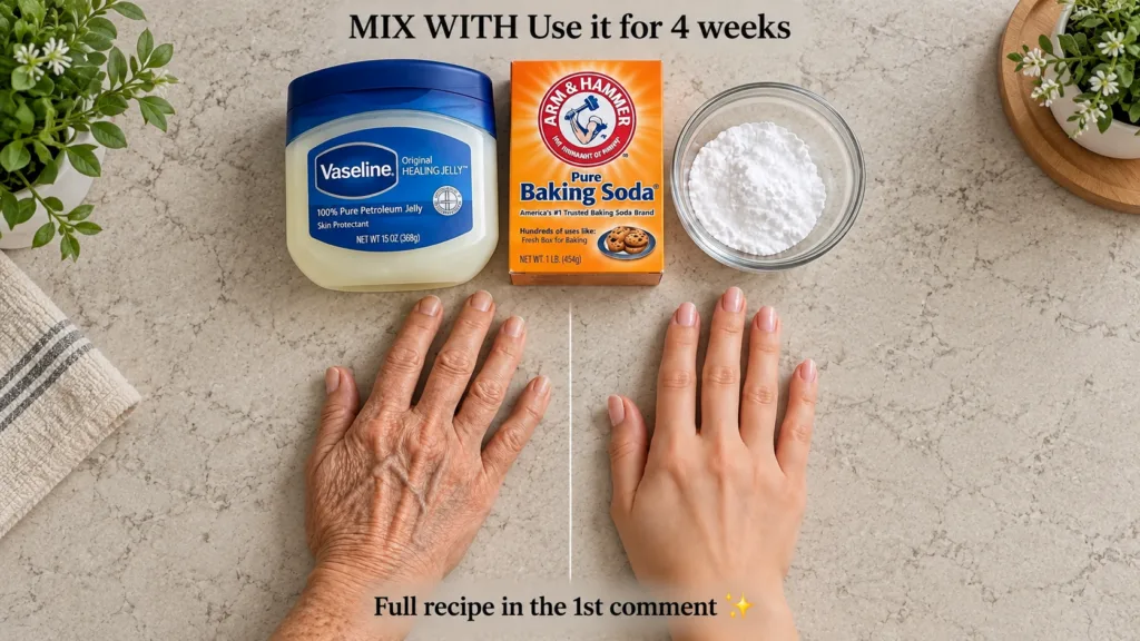 Before and after comparison of hands one aged and one smoother with a jar of Vaseline a box of baking soda and a small b