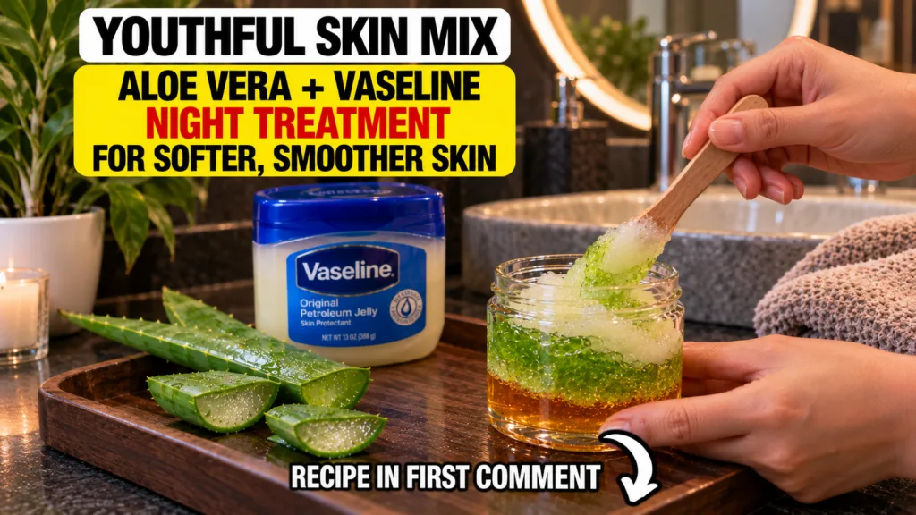 A close-up of a person s hand mixing clear jelly green aloe vera gel and amber honey in a small glass jar with a tub of 