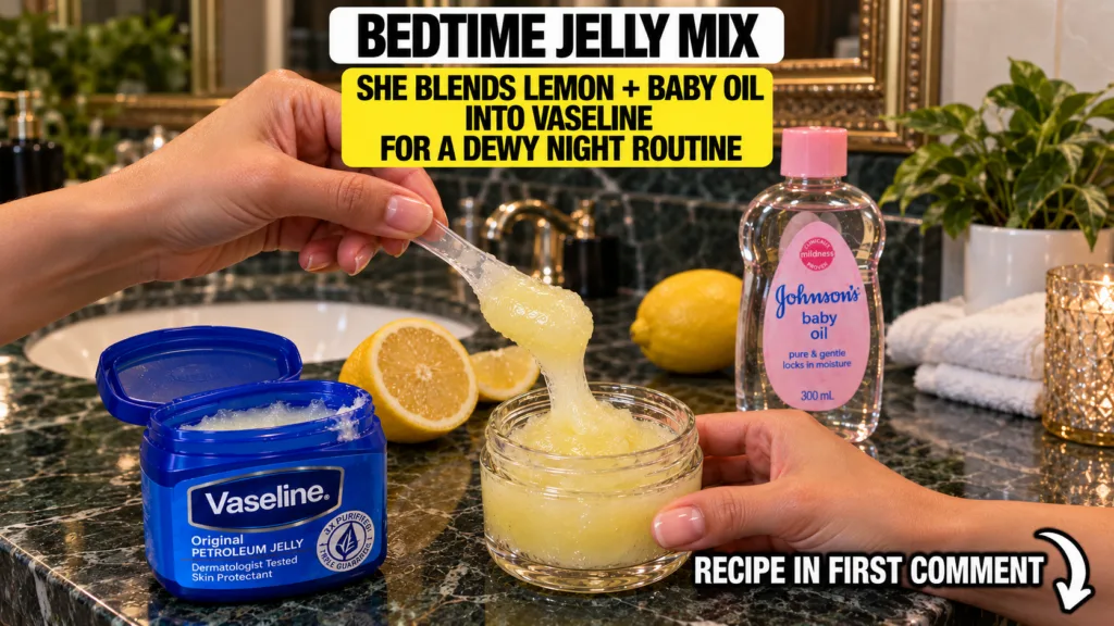 Hands mixing a yellow jelly substance in a glass jar with a spoon surrounded by an open Vaseline tub baby oil bottle and