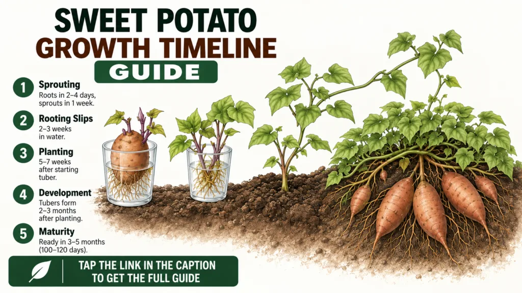 An infographic detailing the five stages of sweet potato growth from sprouting slips in water to mature plants with unde
