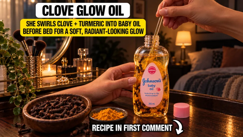 Close-up of hands preparing homemade beauty oil with Johnson s baby oil cloves and turmeric powder on a wooden surface