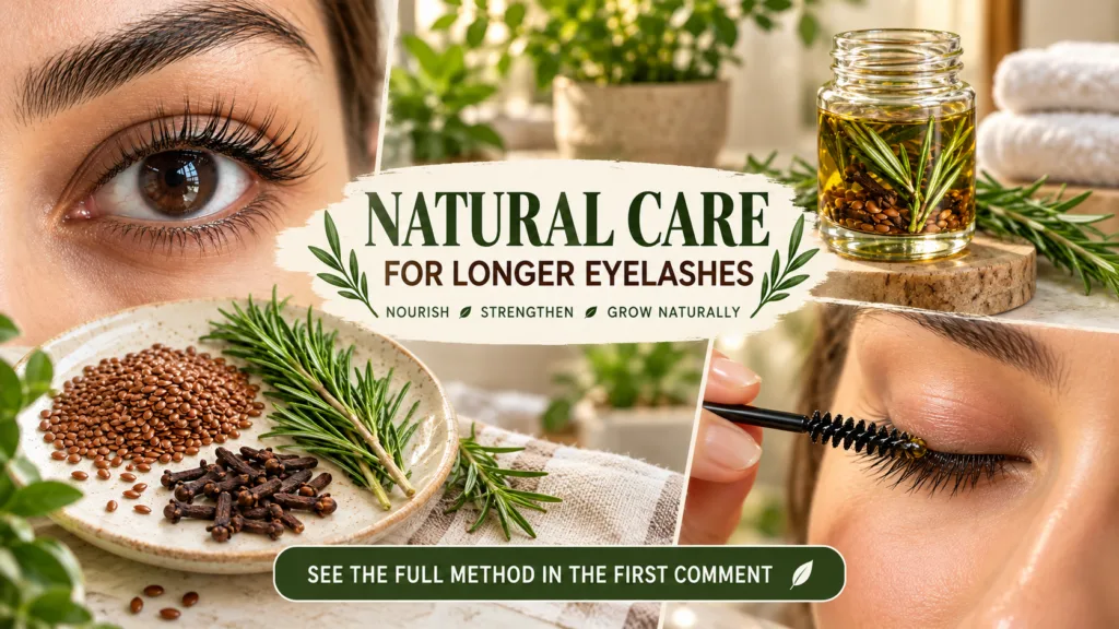 A vertical collage showing a close-up of a female eye with long lashes a jar of infused oil with rosemary and seeds a pl